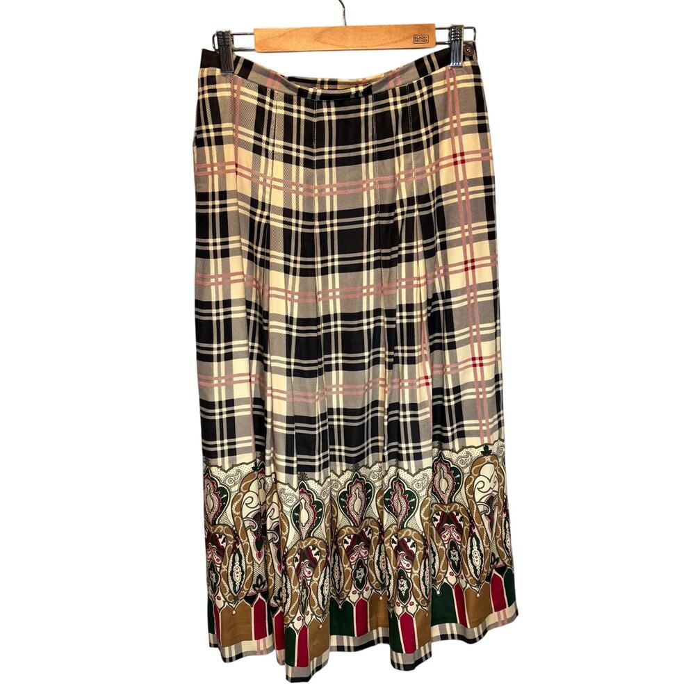 Vintage Jones New York Mixed Print Plaid Pleated Midi Skirt - size 8